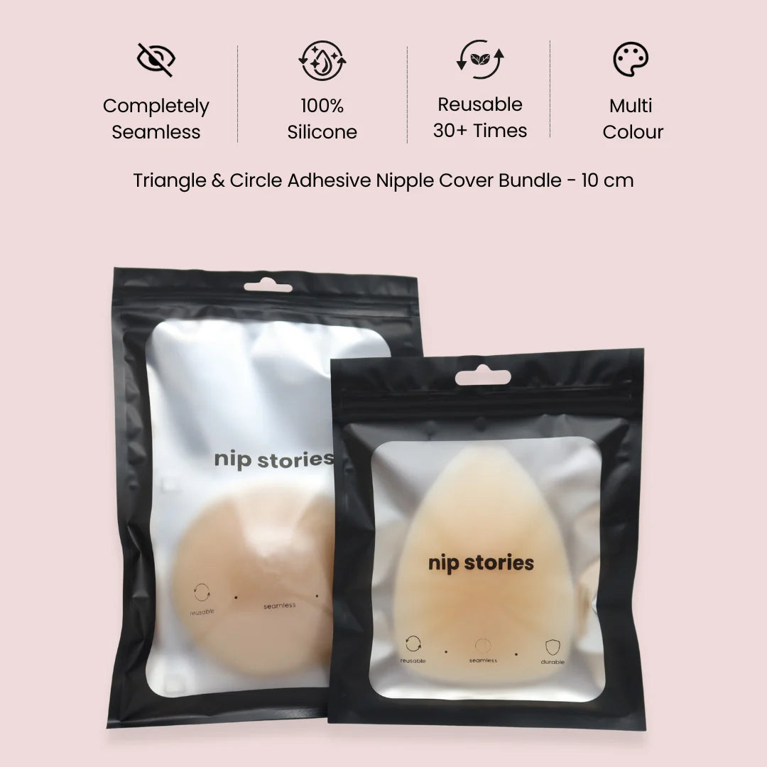Triangle and Circle Adhesive 10 cm Nipple Cover Bundle in nip stories packaging showing features on pink background