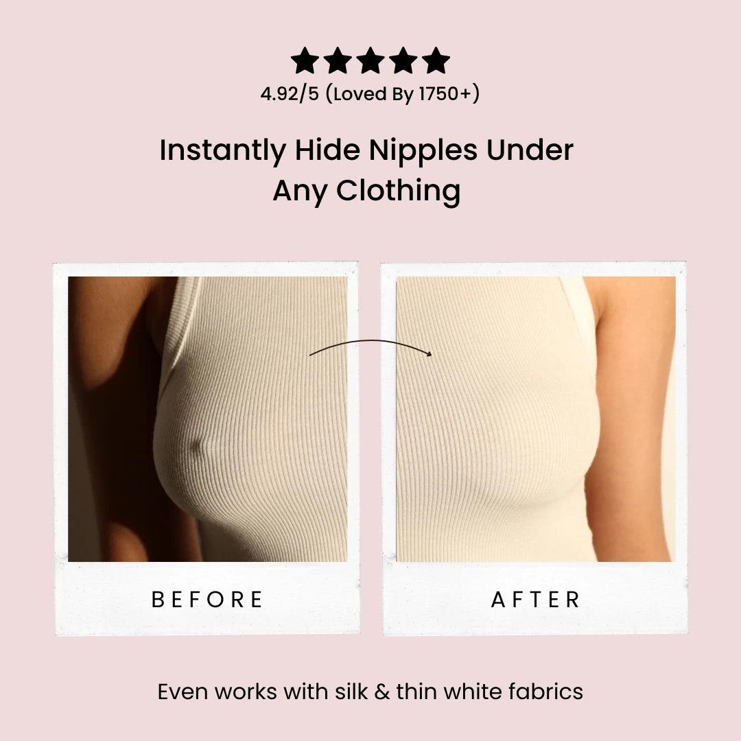 nip stories non-adhesive nipple covers before and after use on a person, with text highlighting its effectiveness & showing total reviews.
