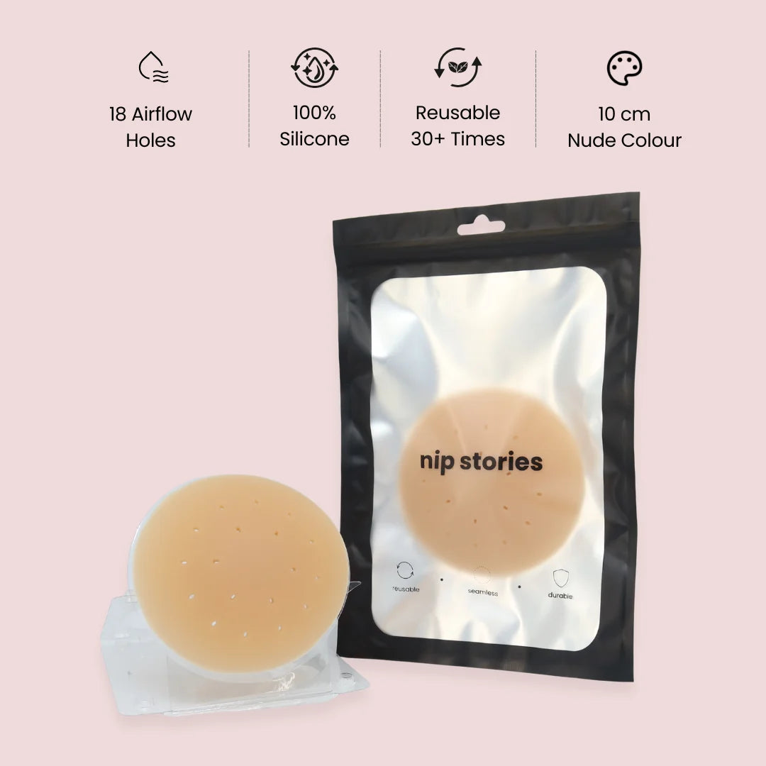 Breathable Silicone nipple covers 10 cm with packaging on a pink background, featuring product details by nip stories.