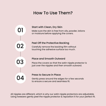Instructions on how to use nip stories adhesive nipple covers on a pink background