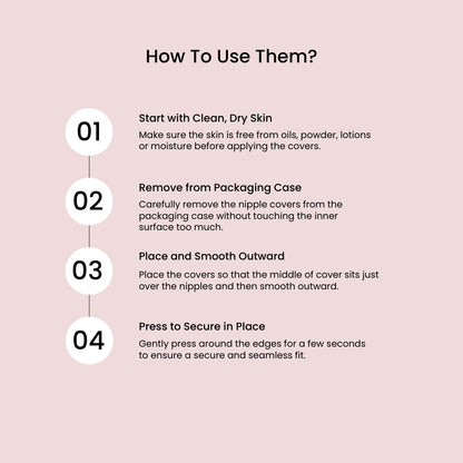 Instructions on how to use nip stories non-adhesive nipple covers on a pink background