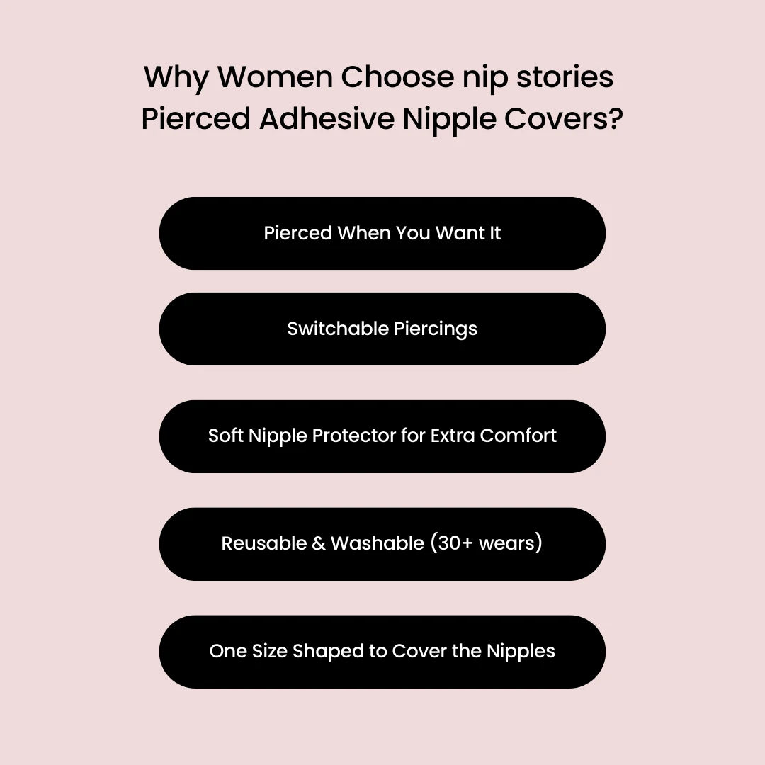 List of reasons why women choose Pierced Adhesive Nipple Covers from nip stories on a pink background