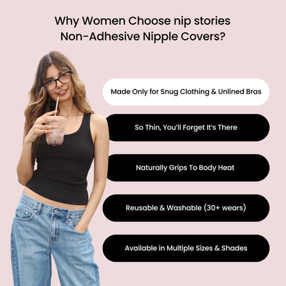 Woman drinking a smoothie with benefits about non-adhesive nipple covers by nip stories on a pink background
