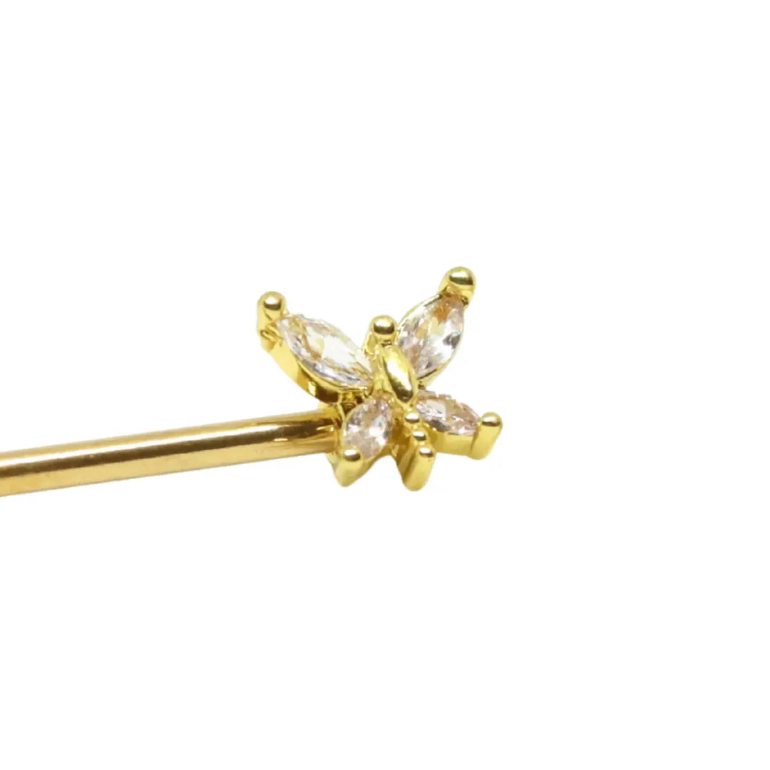 zoomed image of nip stories pierced nipple cover add on which is a golden butterfly on a white background