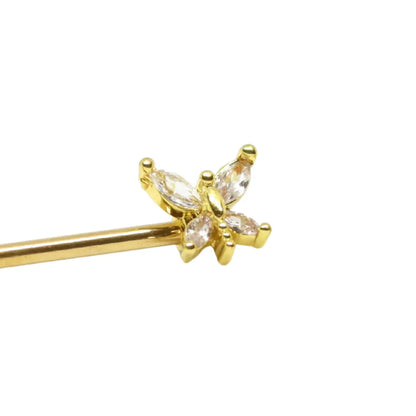 zoomed image of nip stories pierced nipple cover add on which is a golden butterfly on a white background