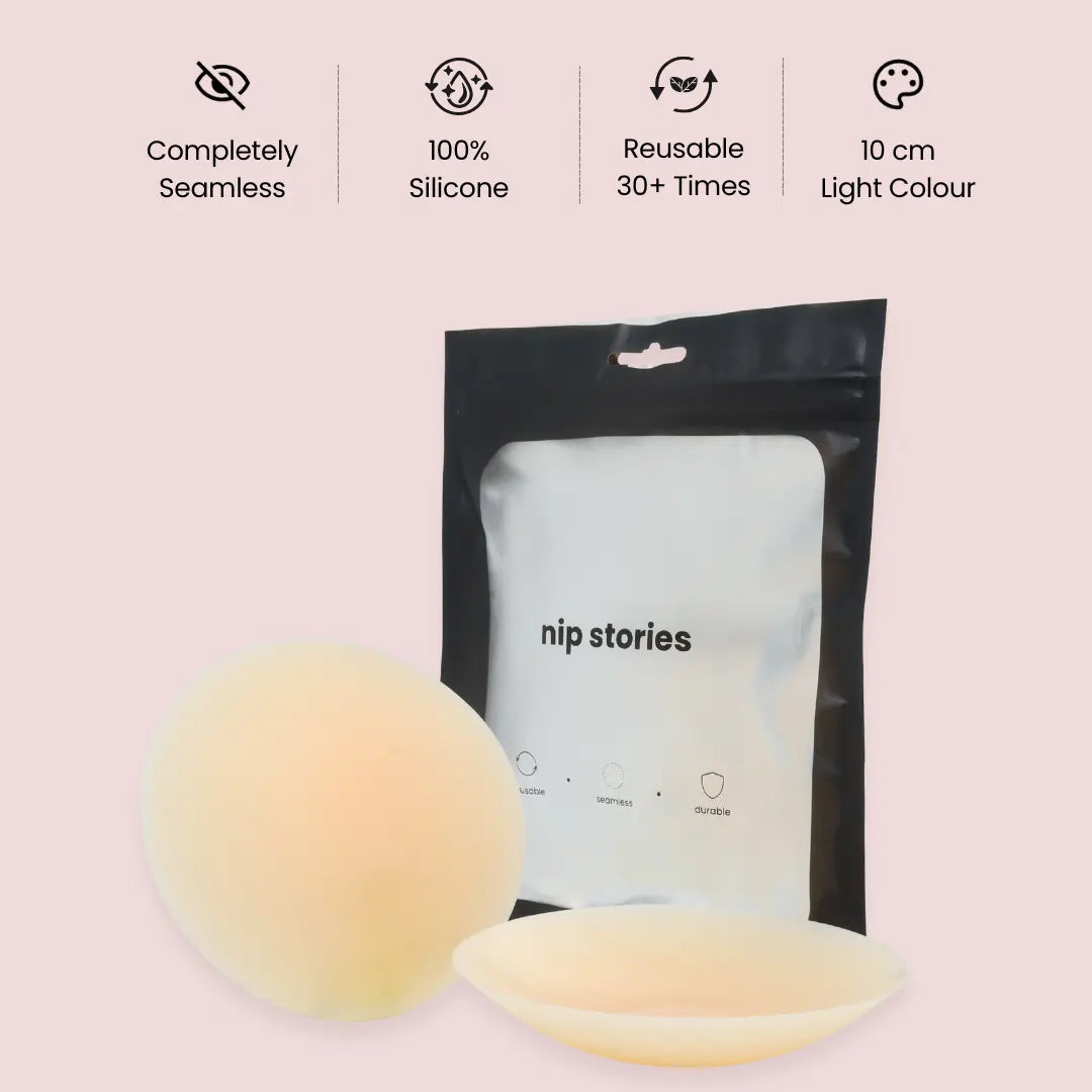 nip stories 10 cm light colour adhesive nipple covers with packaging on a pink background