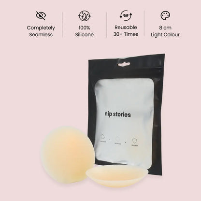 nip stories 8 cm Light colour adhesive nipple covers with packaging on a pink background