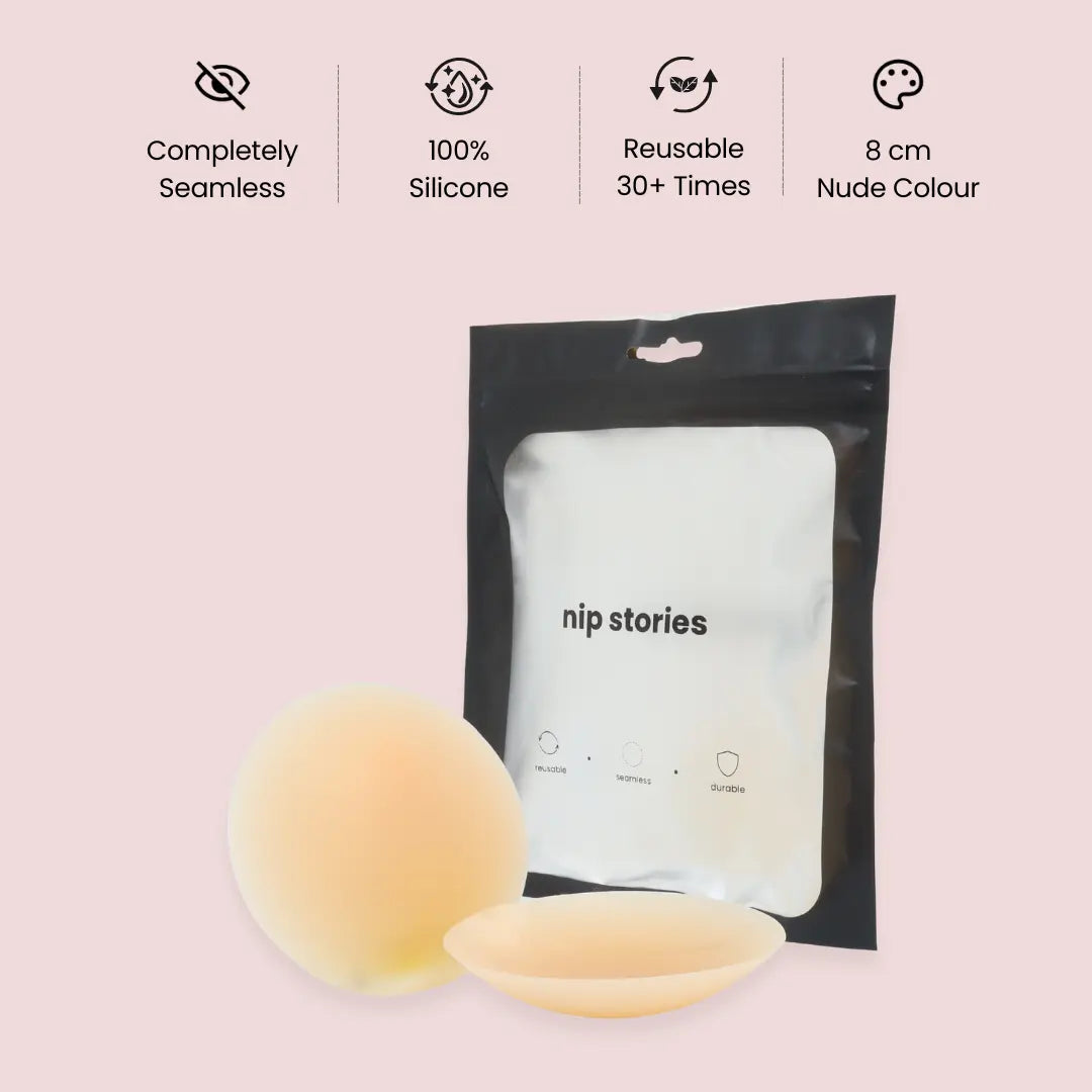 nip stories 8 cm nude colour adhesive nipple covers with packaging on a pink background