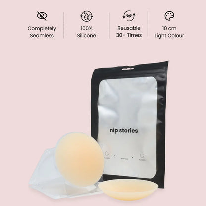 nip stories 10 cm Light colour non-adhesive nipple covers with packaging on a pink background