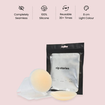 nip stories 8 cm light colour non-adhesive nipple covers with packaging on a pink background