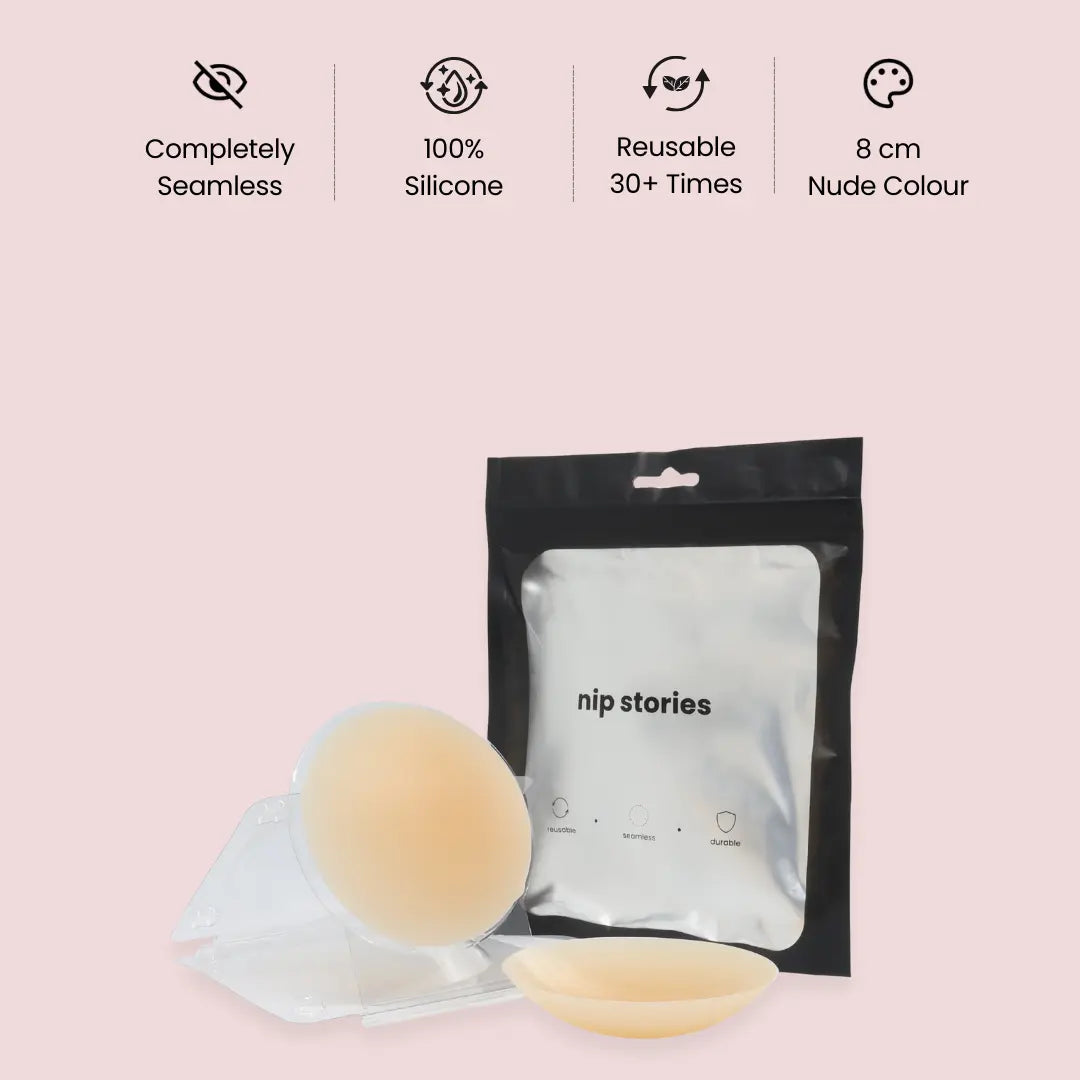 nip stories 8 cm nude colour non-adhesive nipple covers with packaging on a pink background
