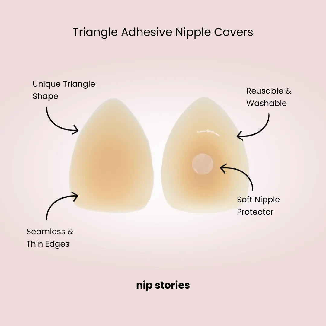 Triangle adhesive nipple covers with features listed on a pink background, branded 'nip stories'.