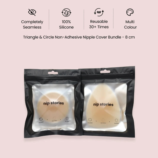 Triangle and Circle Non-Adhesive 8 cm Nipple Cover Bundle in nip stories packaging showing features on pink background
