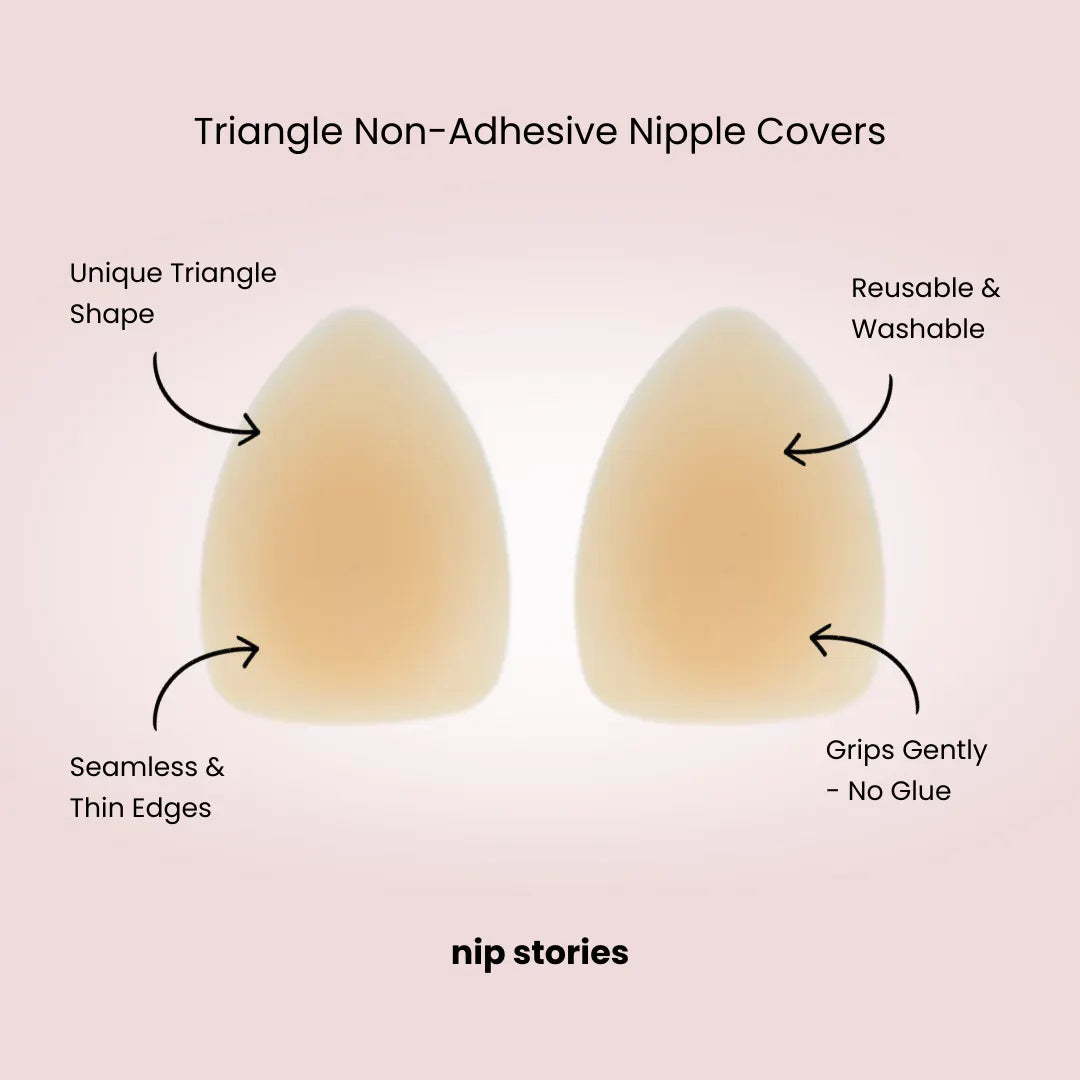 Triangle non-adhesive nipple covers with features listed on a pink background, branded 'nip stories'.