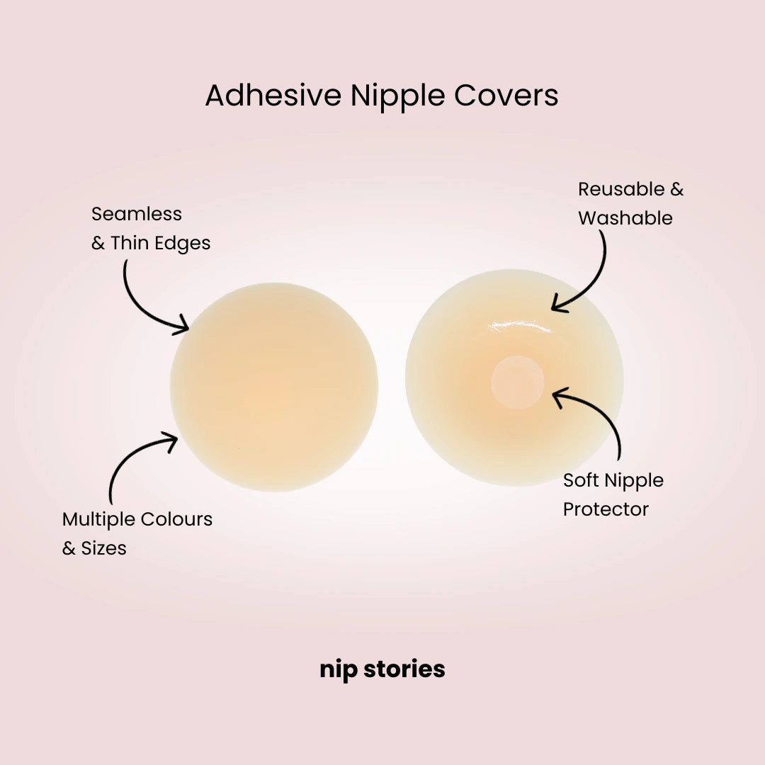 Adhesive nipple covers with features listed on a pink background, branded 'nip stories'.