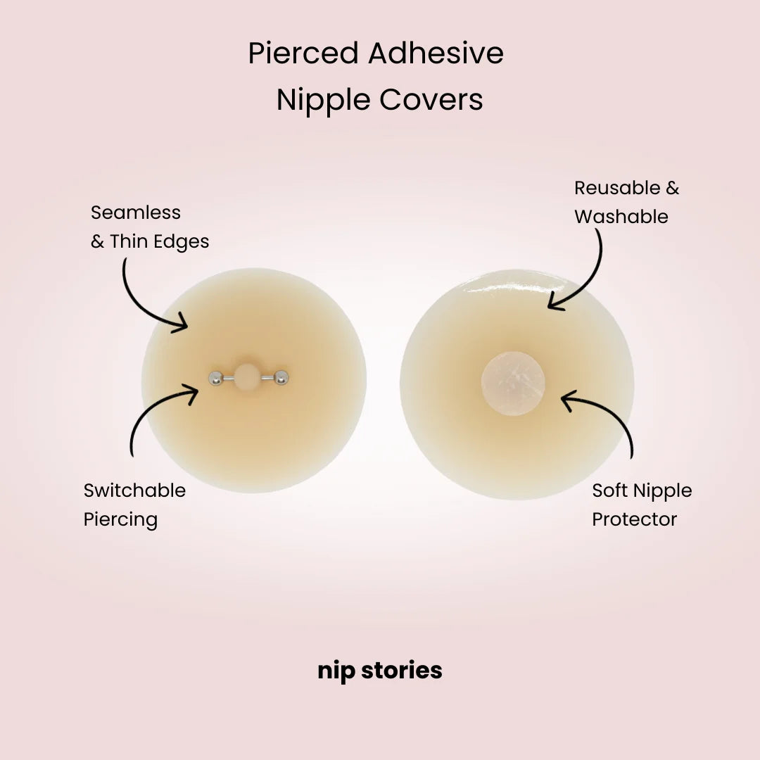 Pierced adhesive nipple covers with features labeled on a pink background, branded 'nip stories'.