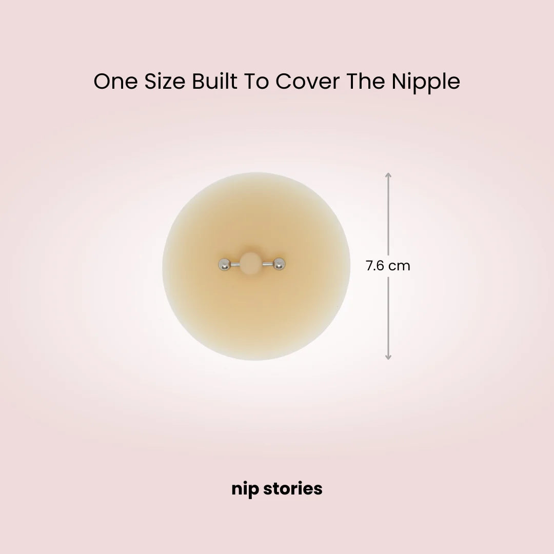 Pierced Nipple cover with measurement on a pink background, branded 'nip stories'.