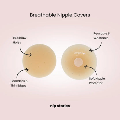 Breathable nipple covers with features labeled on a pink background, branded 'nip stories'.