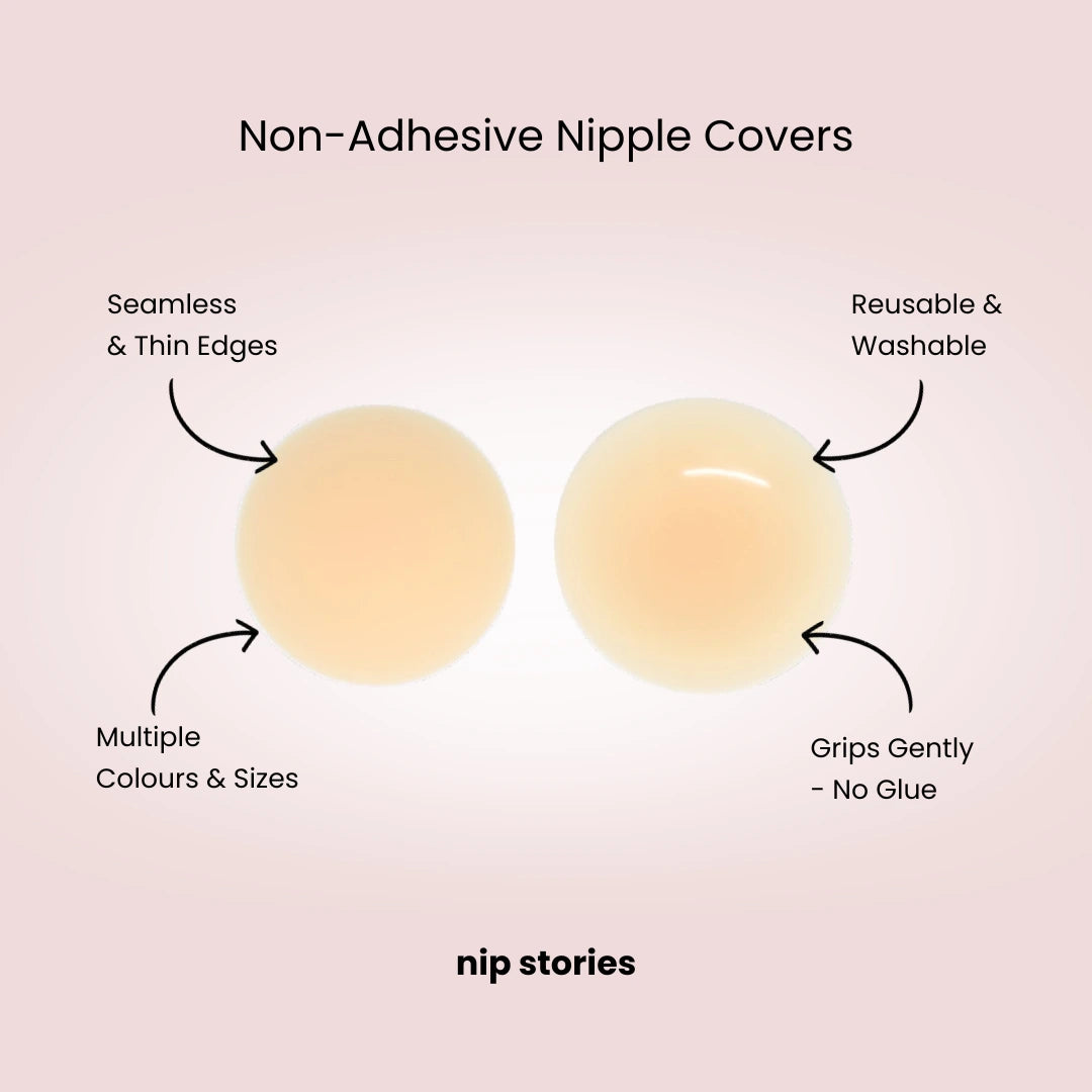 Non-adhesive nipple covers with features listed on a pink background, branded 'nip stories'.