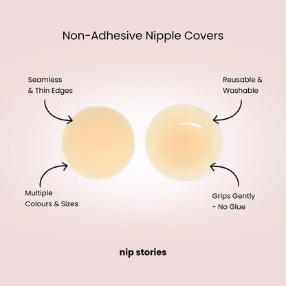 Non-adhesive nipple covers with features listed on a pink background, branded 'nip stories'.